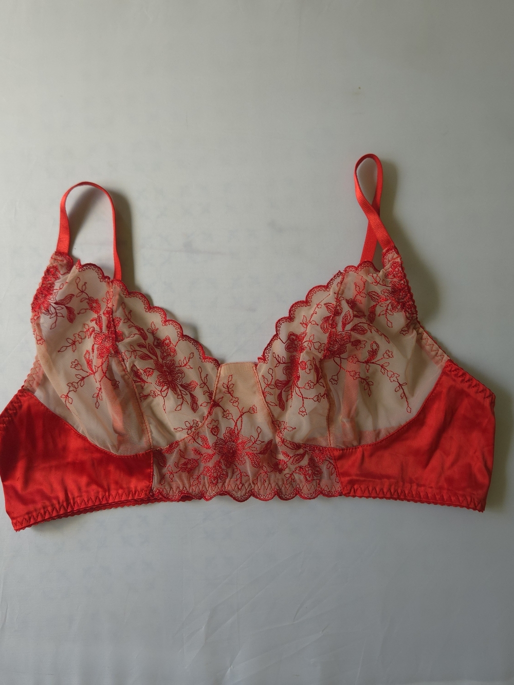 Empress Mimi London Red Floral Embroidered Mesh Bralette Bra Size L